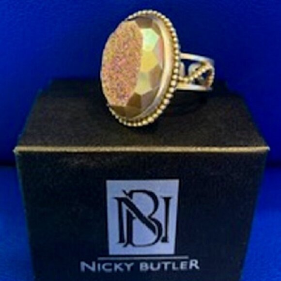 Nicky Butler Vintage Druzy Stone Sterling Silver Rope Oval Adjustable Ring Sz 8 - Picture 1 of 6